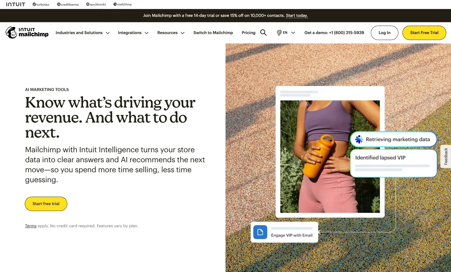 Mailchimp AI marketing tools page with a revenue-focused headline, an AI marketing illustration and a yellow trial button.