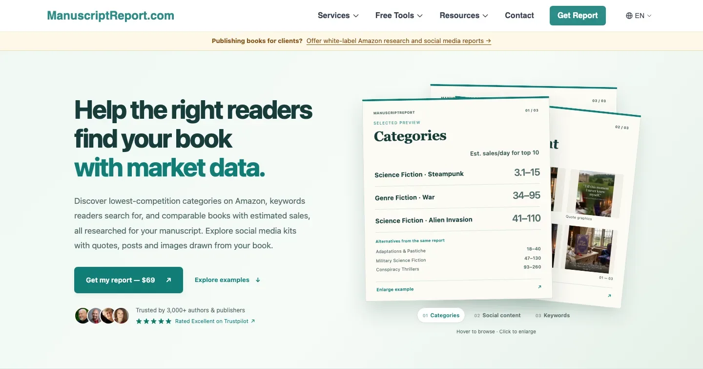 ManuscriptReport homepage with a book marketing data headline, a category research report mockup, a $69 report button, and an author review below.