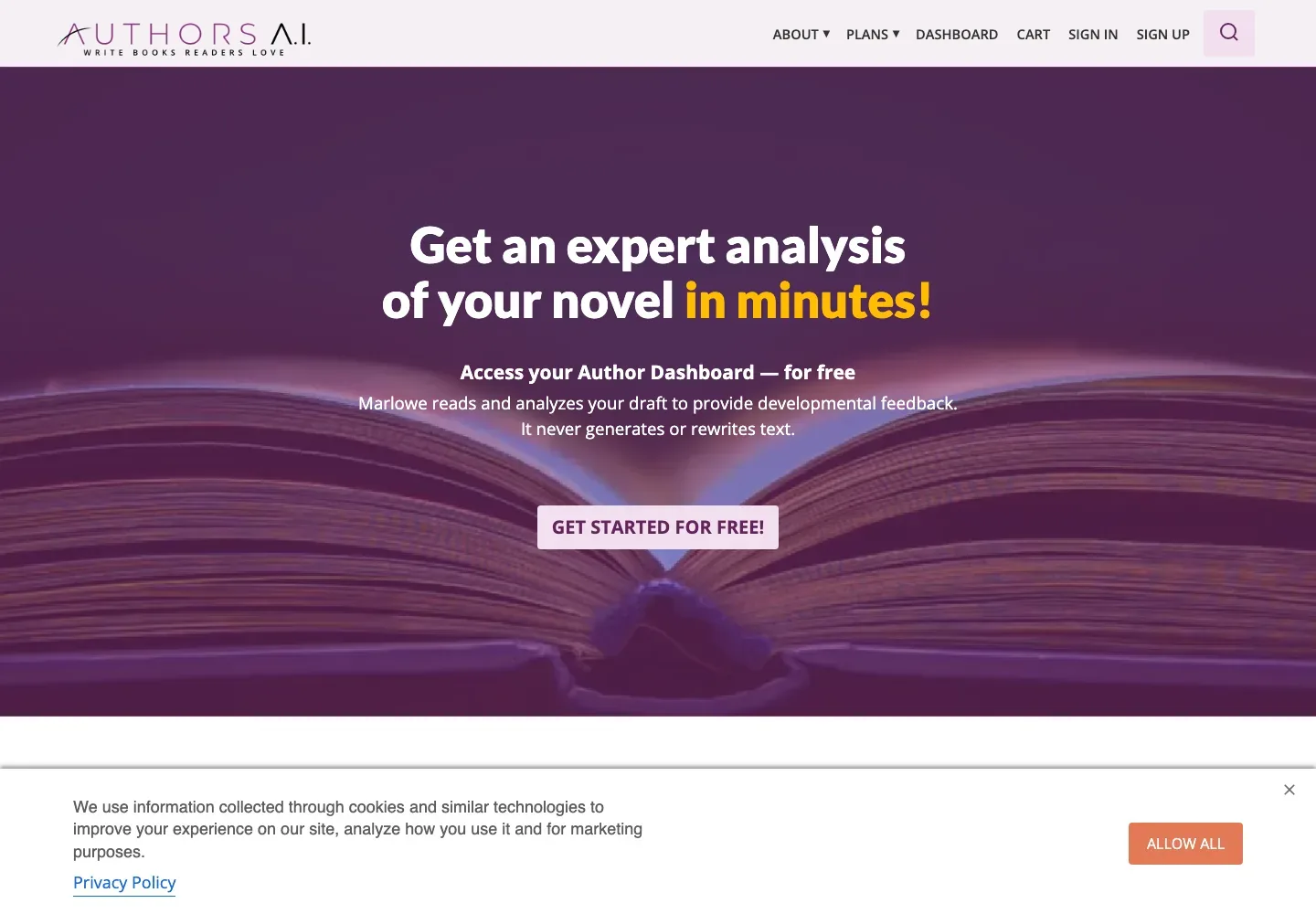 Authors A.I. homepage for Marlowe with “Get an expert analysis of your novel in minutes,” a free dashboard call to action over an open-book image, and a cookie notice at the bottom.