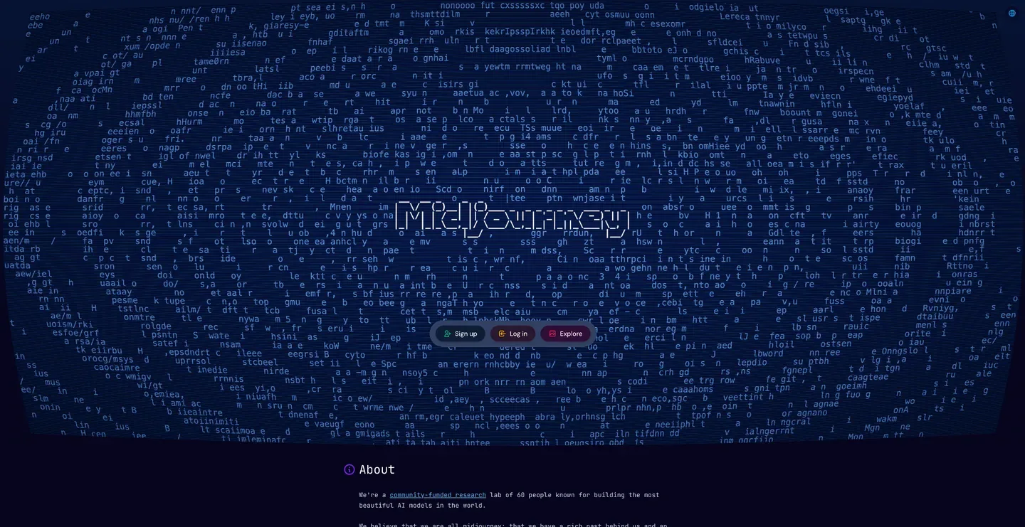 Midjourney homepage with a dark blue word-field hero, sign-up, login and Explore controls, and the start of an About section.