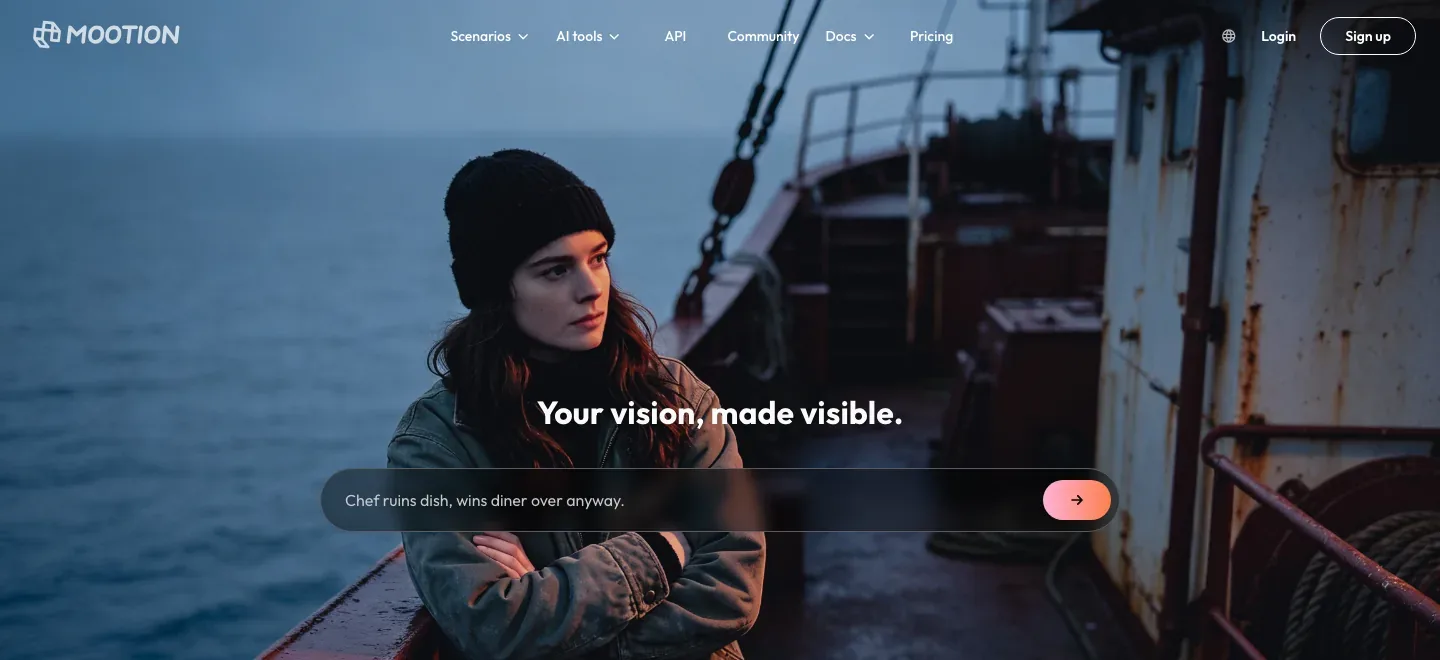Mootion homepage hero showing a woman aboard a ship behind the Your vision, made visible headline and scenario prompt bar.