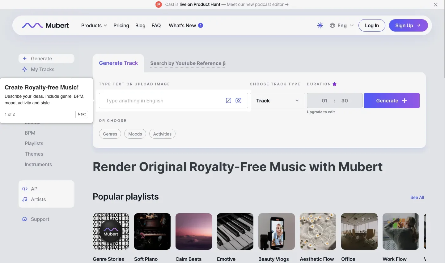 Mubert Render page with track generation controls, playlist tiles and an onboarding tooltip on the left.