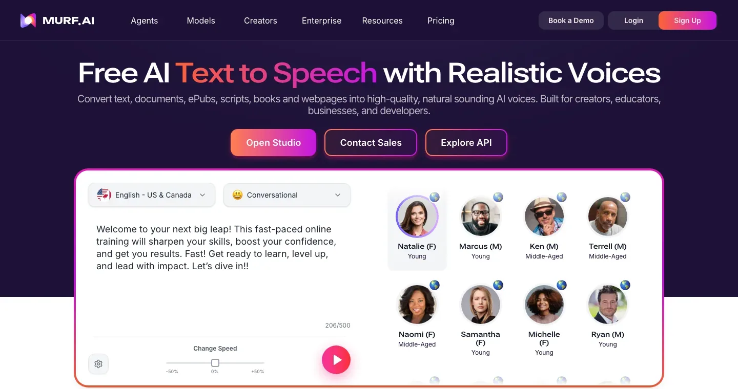 Murf AI text-to-speech page with a voice-generation headline and a sample text-to-speech interface with voice choices.