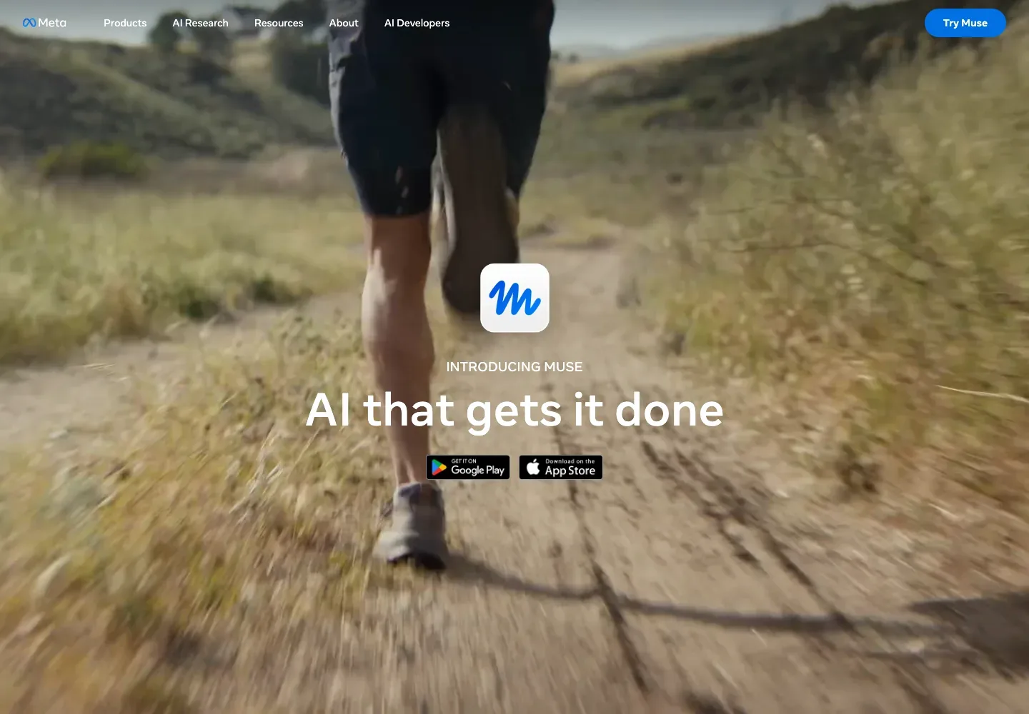 Meta Muse homepage with Meta navigation over a full-screen running-trail video, a centered Muse icon and “AI that gets it done” headline, plus app-store badges.