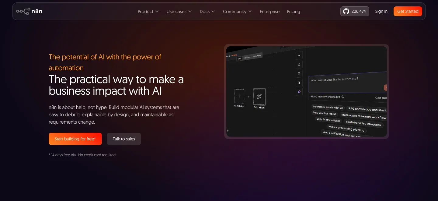 n8n AI page in a dark theme with a headline about making business impact with AI and a workflow-builder preview.