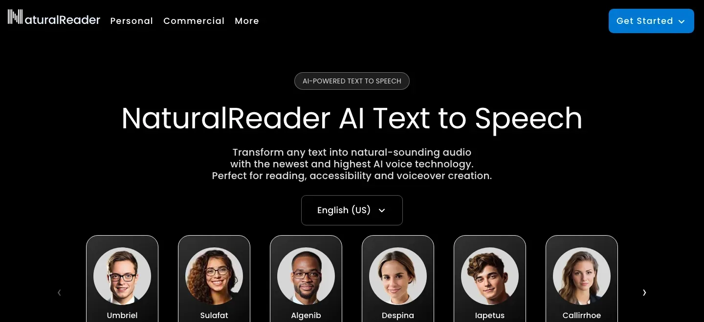 NaturalReader homepage with a black text-to-speech hero and a row of voice samples with portrait cards.