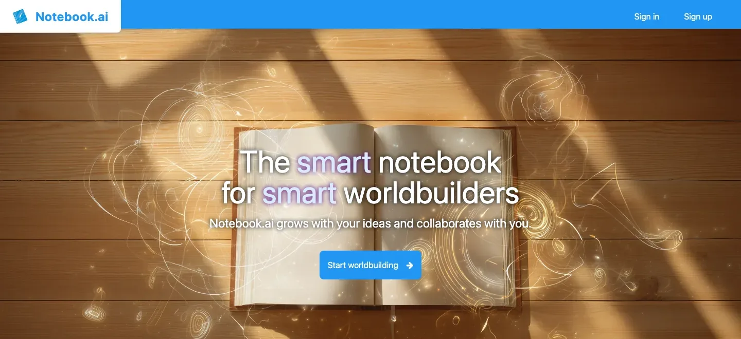 Notebook.ai homepage with a worldbuilding notebook headline on an illustrated open book and a start-worldbuilding button.
