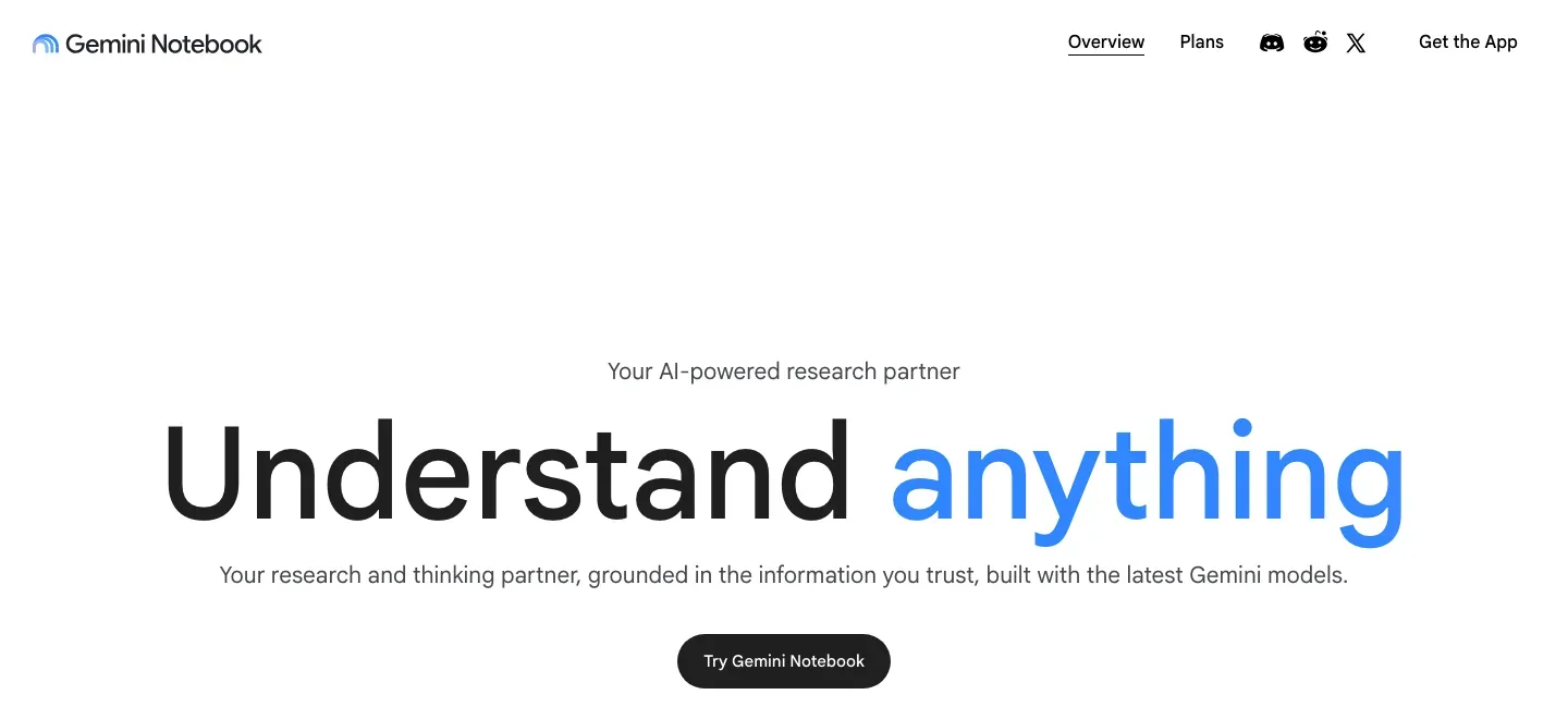 Gemini Notebook homepage with top navigation, “Your AI-powered research partner” eyebrow, large “Understand anything” headline, and a Try Gemini Notebook button.