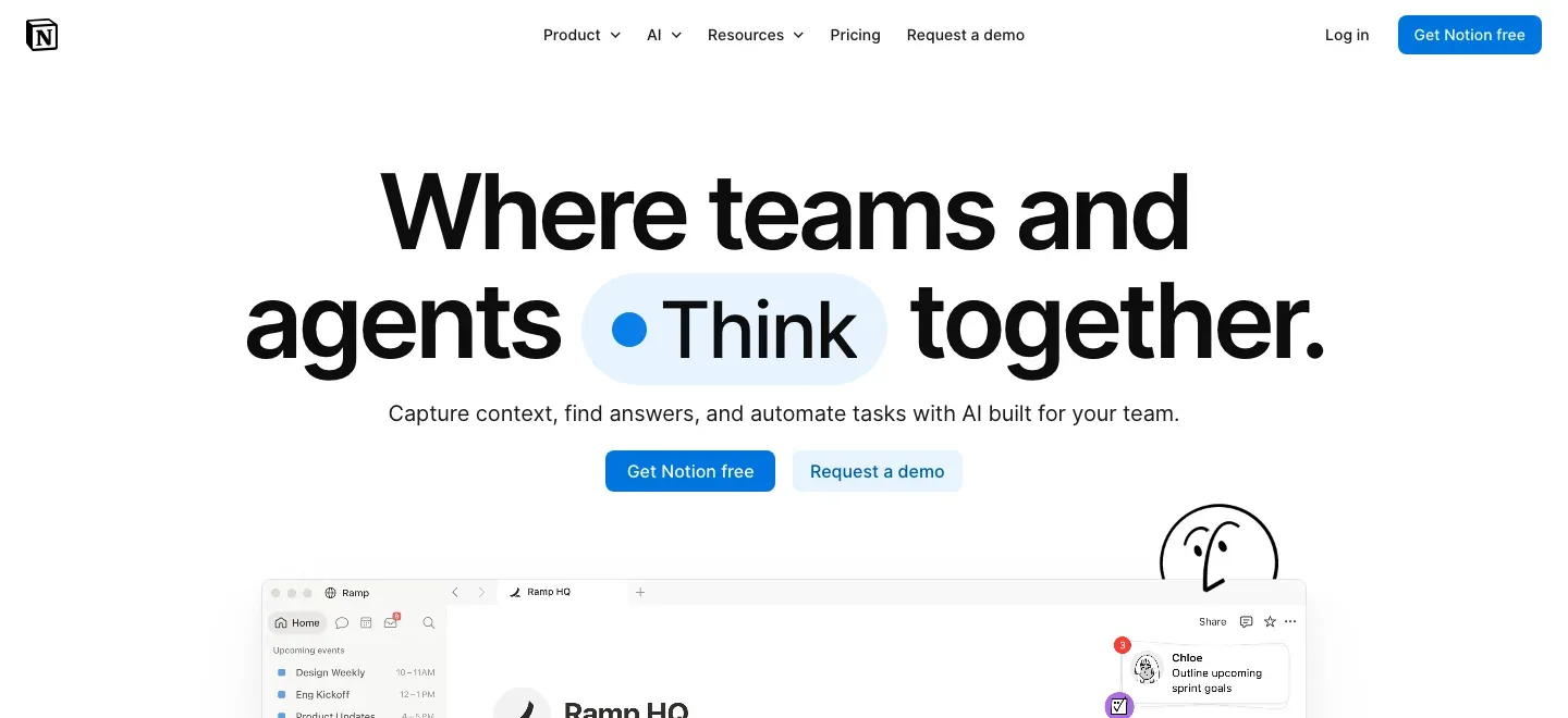 Notion homepage with its teams and agents headline, calls to action and workspace preview.