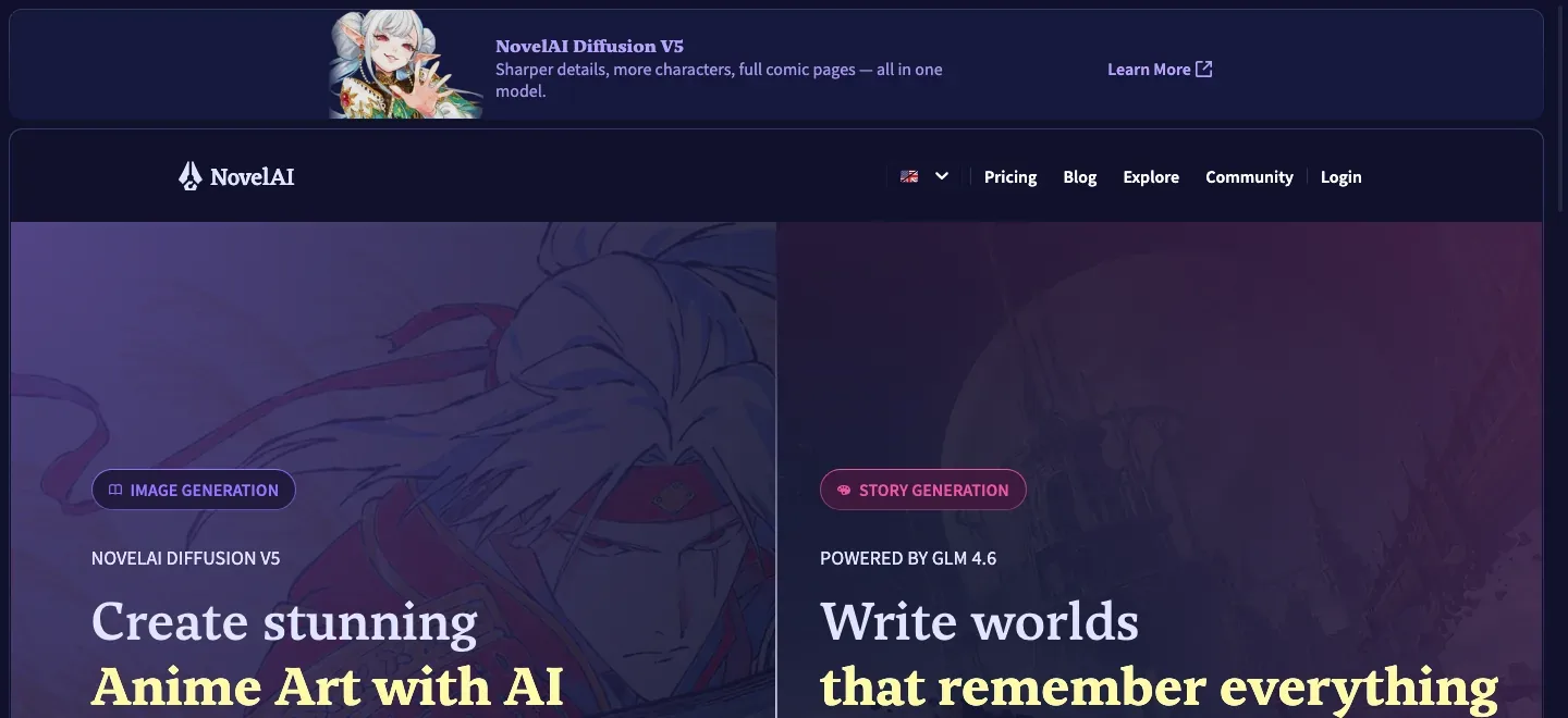 NovelAI homepage with illustrated image-generation and story-generation panels on a dark background.
