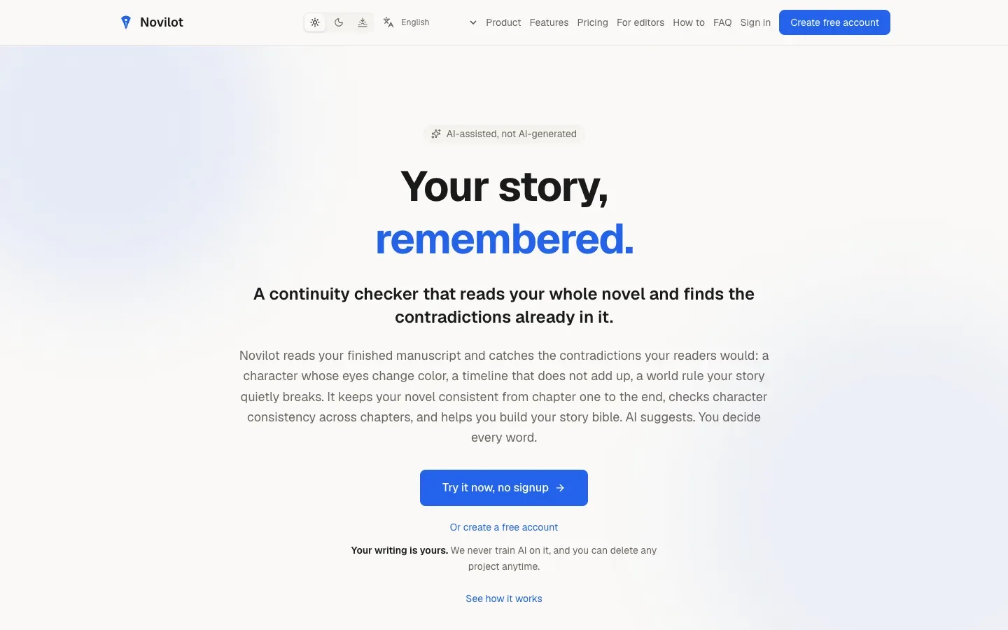 Novilot homepage with its blue pen logo, Your story, remembered headline, continuity-checker description, and Try it now button.