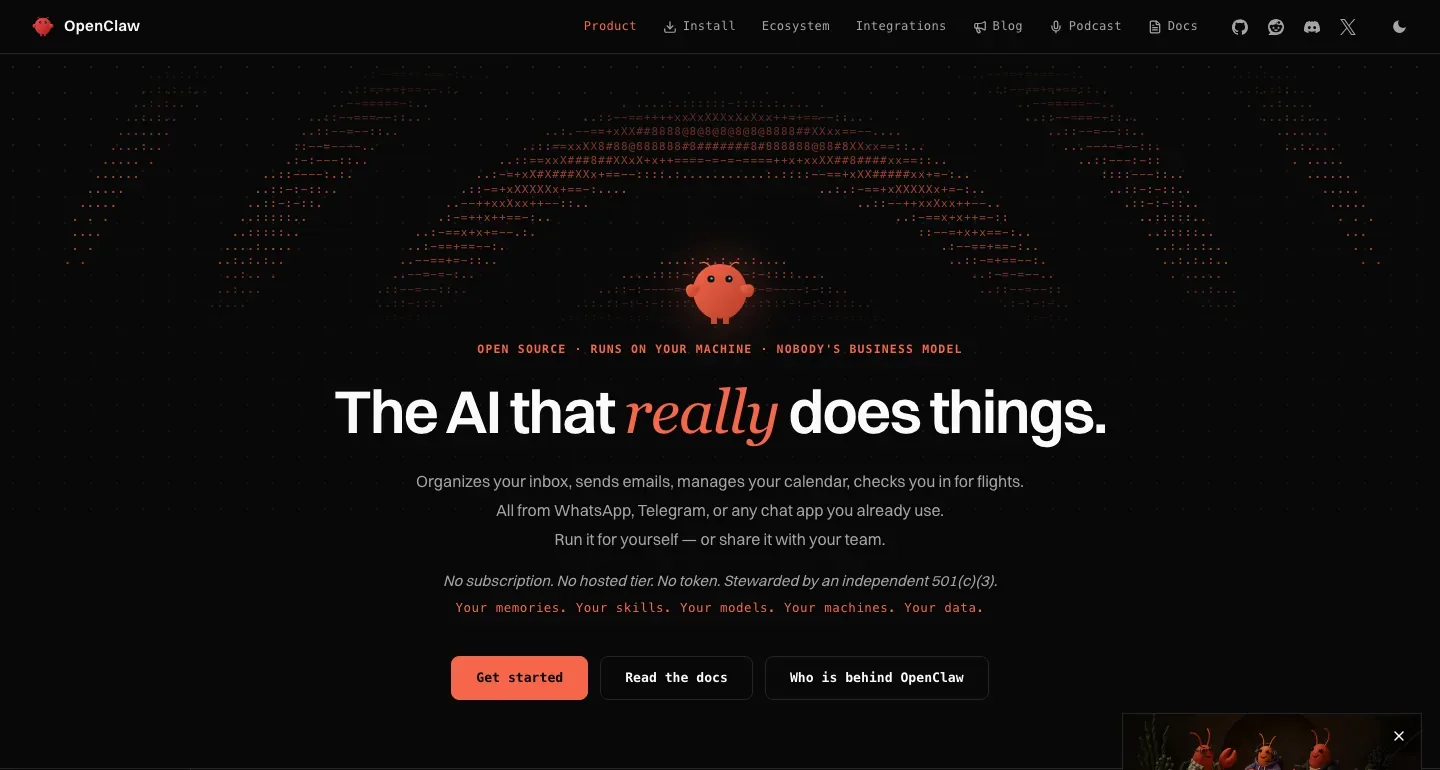 OpenClaw homepage with dark terminal-style navigation and artwork, a red crab mascot, the headline “The AI that really does things,” and a community invitation panel.