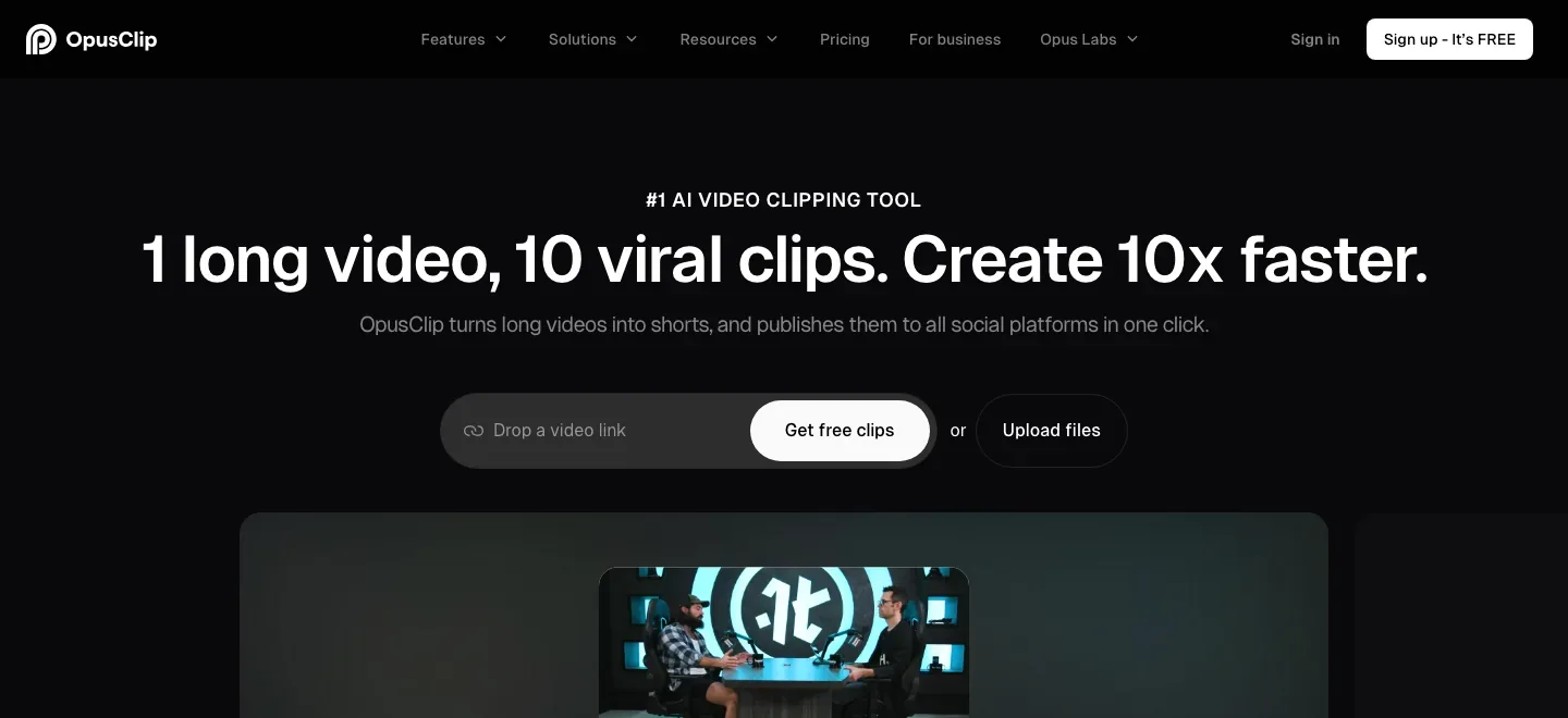 OpusClip homepage with its long-video-to-viral-clips headline, video link field, free-clips button, and product demonstration collage.