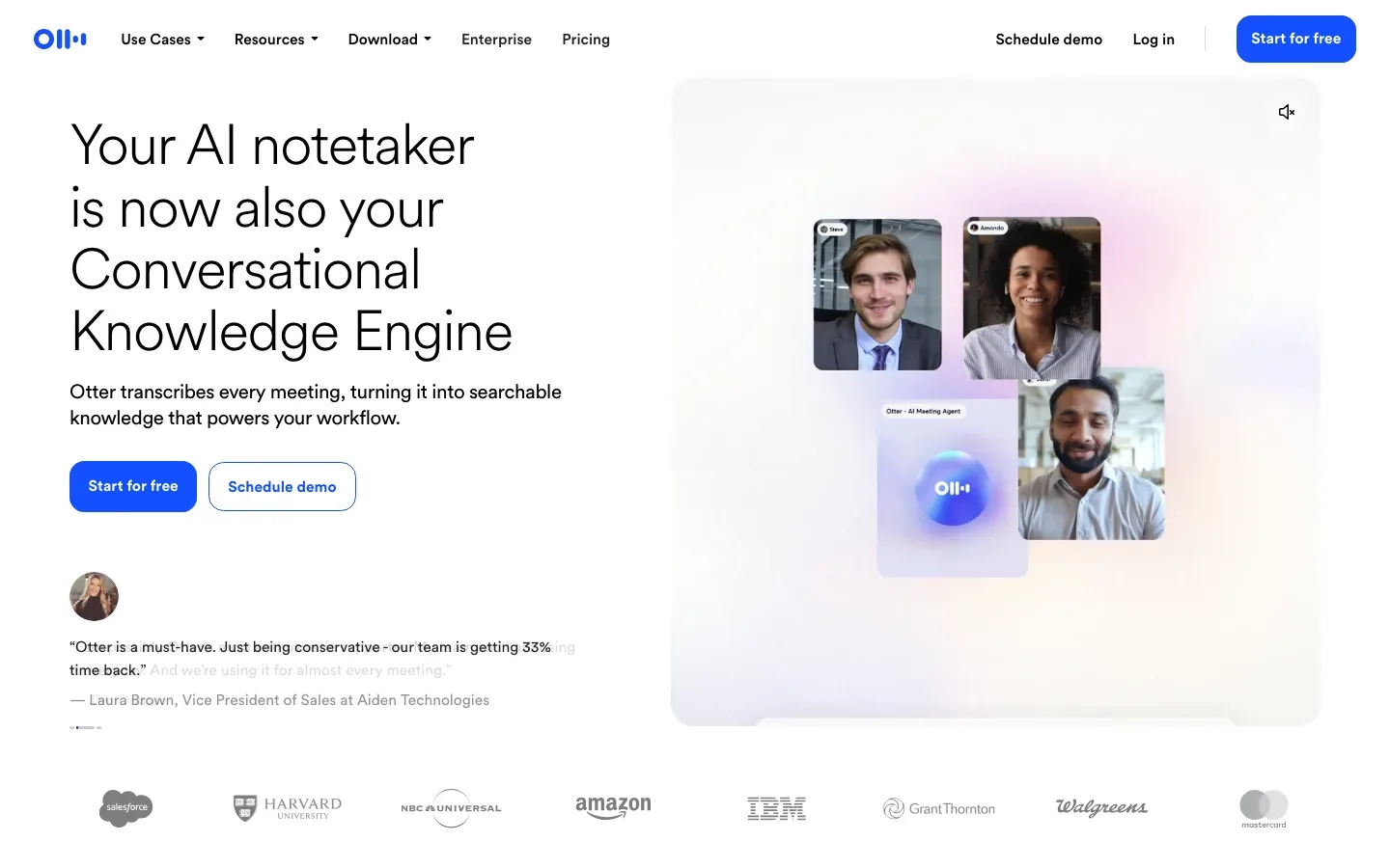 Otter homepage with an AI notetaker headline, a video meeting demonstration and customer logos.