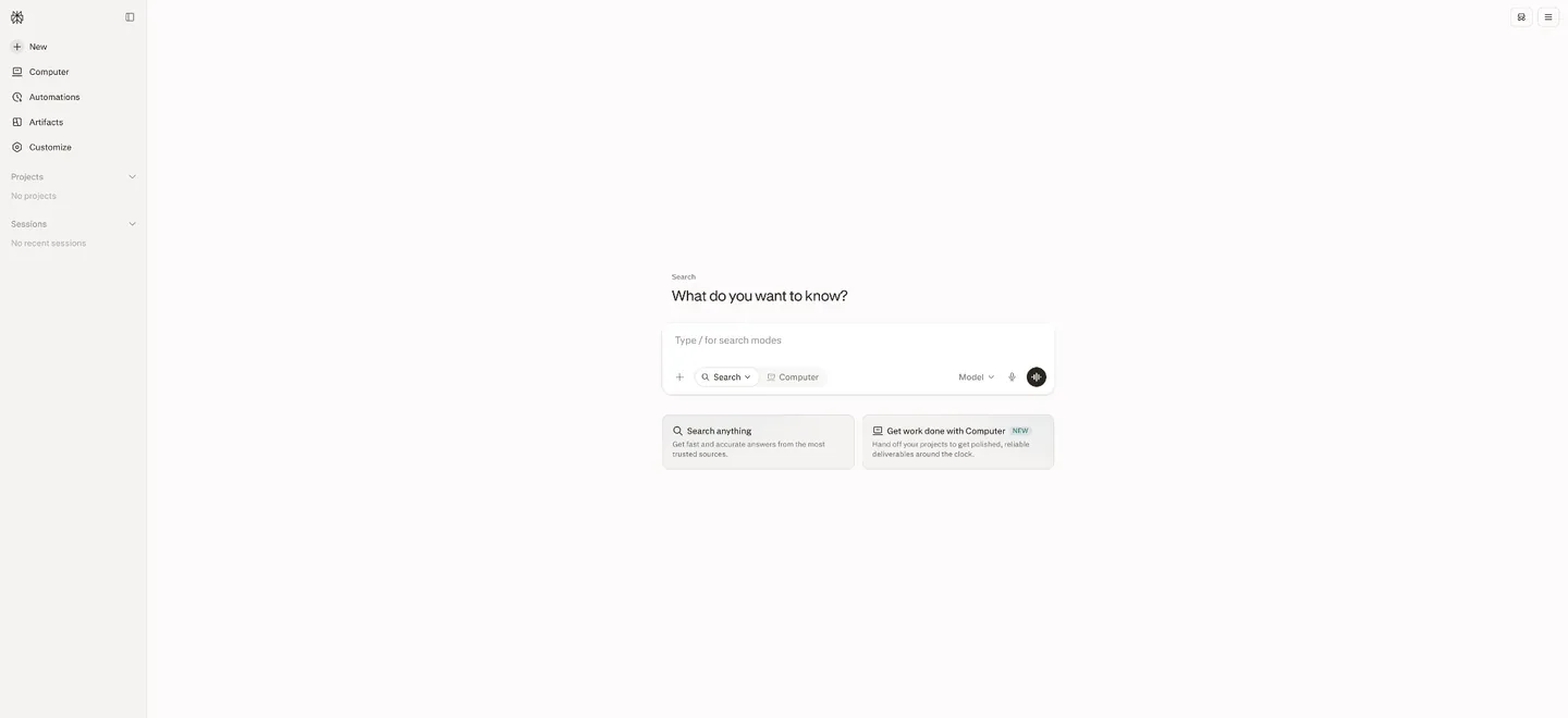 Logged-out search interface with a sidebar for Computer, Automations, Artifacts, Customize, Projects, and Sessions; a central “What do you want to know?” prompt; Search and Computer controls; and suggested search tasks.
