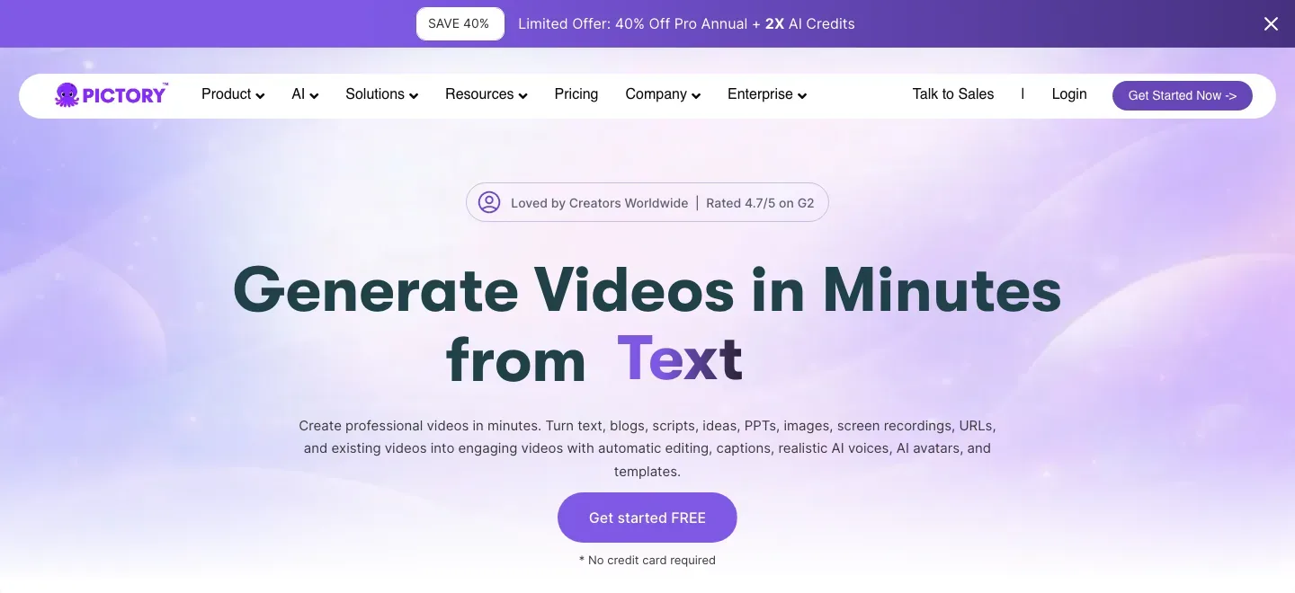 Pictory homepage with a purple gradient hero, a text-to-video headline and a Get started FREE button.