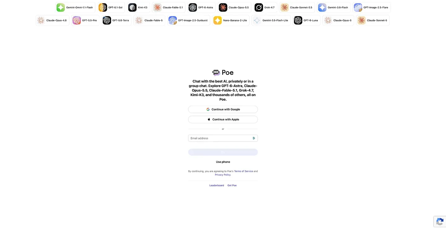 Poe sign-up page with Google, Apple, and email options beneath chat-service copy, with AI model names across the top.