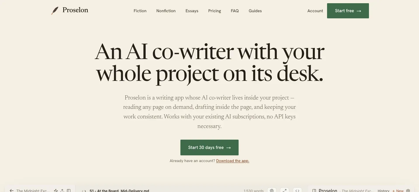 Proselon homepage with an AI co-writer headline and a manuscript editor with assistant panel preview.