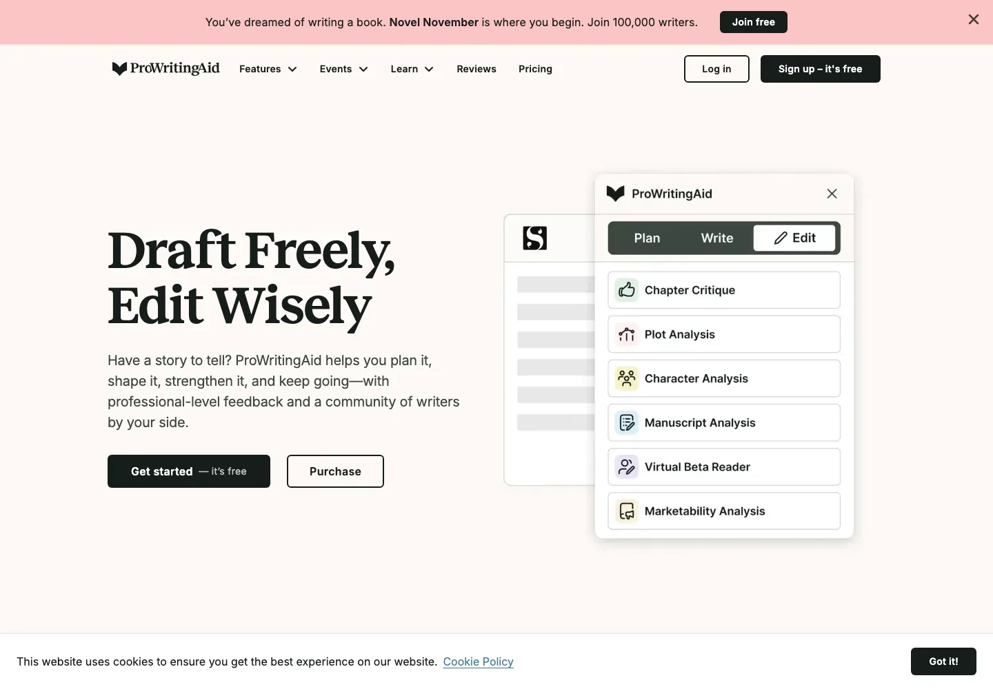 ProWritingAid homepage with “Draft Freely, Edit Wisely,” sign-up and purchase buttons, a manuscript editing feature mockup, and a cookie notice along the bottom.