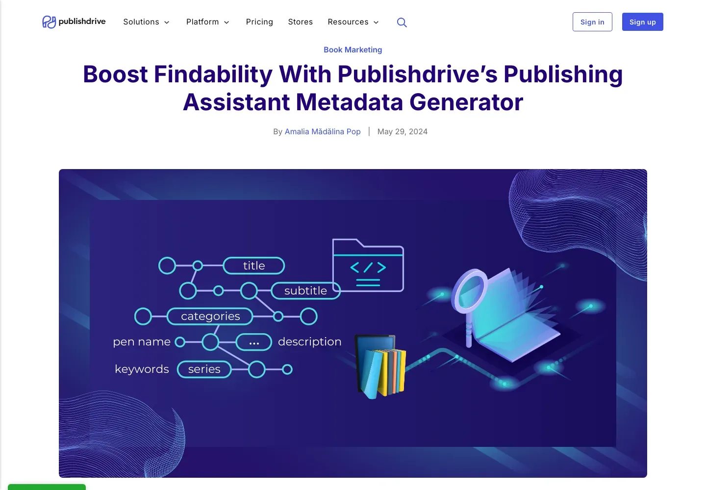 PublishDrive page announcing its Publishing Assistant metadata generator, with a purple illustration of book metadata fields.