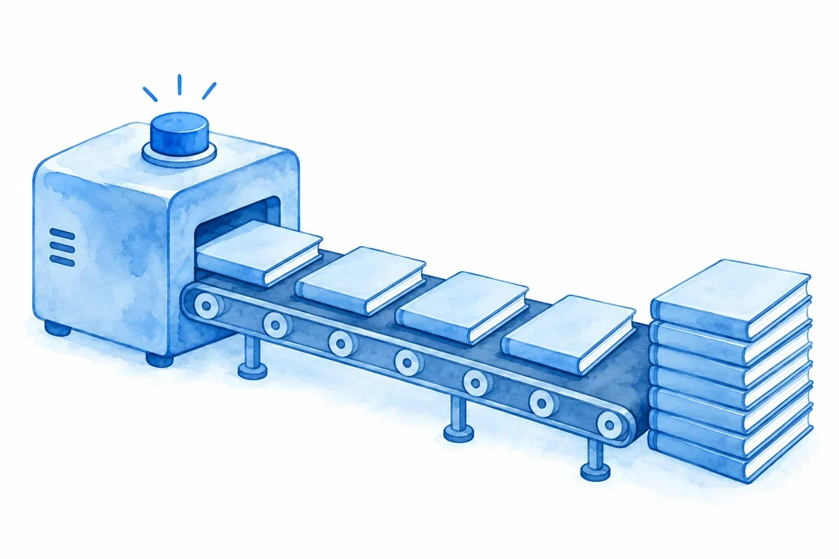 Blue watercolor of a push-button machine producing identical blank books.