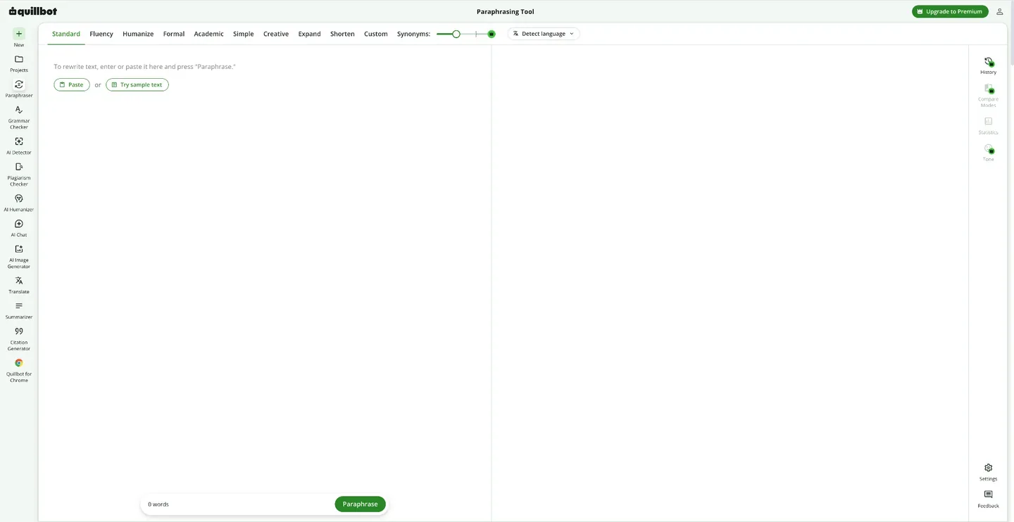 QuillBot paraphrasing tool with a blank editor, writing-mode controls, side navigation, and a Paraphrase button.
