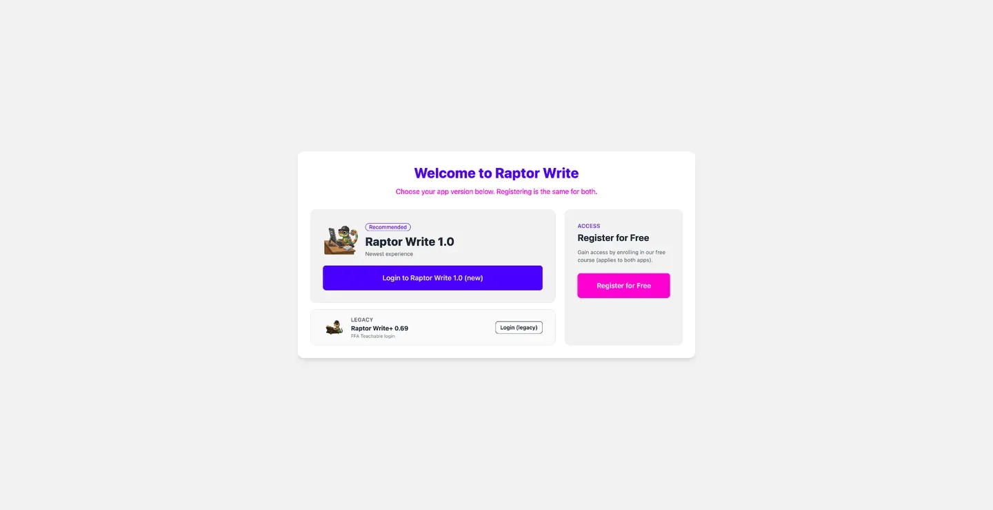 RaptorWrite welcome screen presenting version 1.0 and legacy 0.69 options, with login and free-registration buttons.