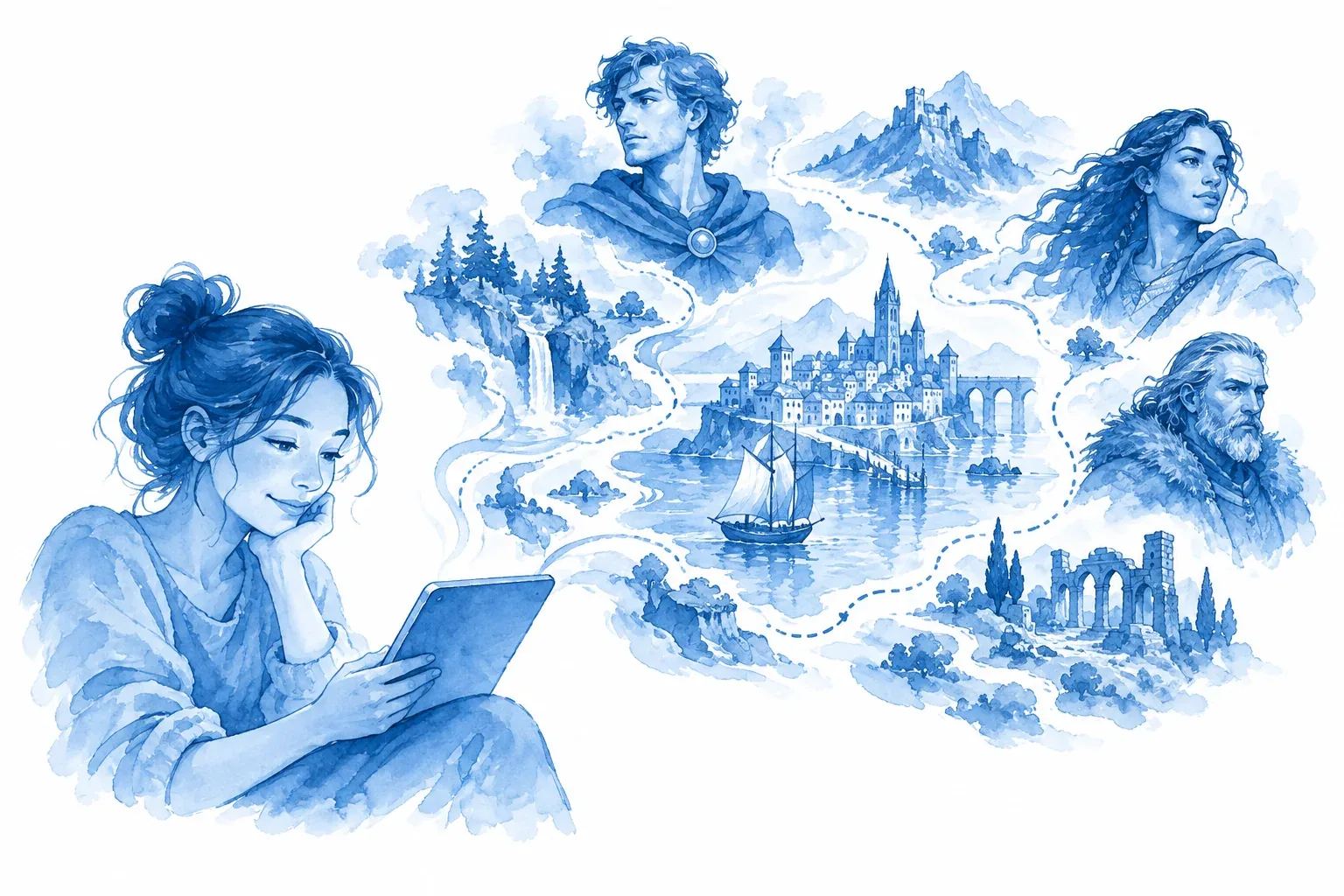 Blue watercolor of a reader with a tablet exploring a story map, locations, and character portraits.