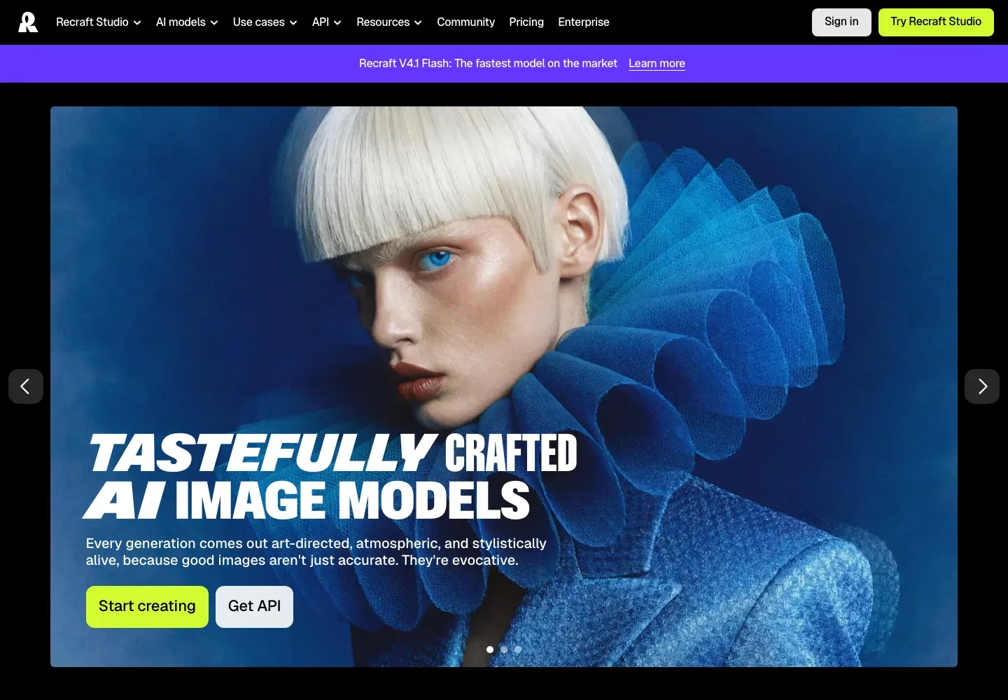 Recraft homepage with a generated portrait behind the Tastefully Crafted AI Image Models heading, descriptive copy, creation buttons, and navigation.