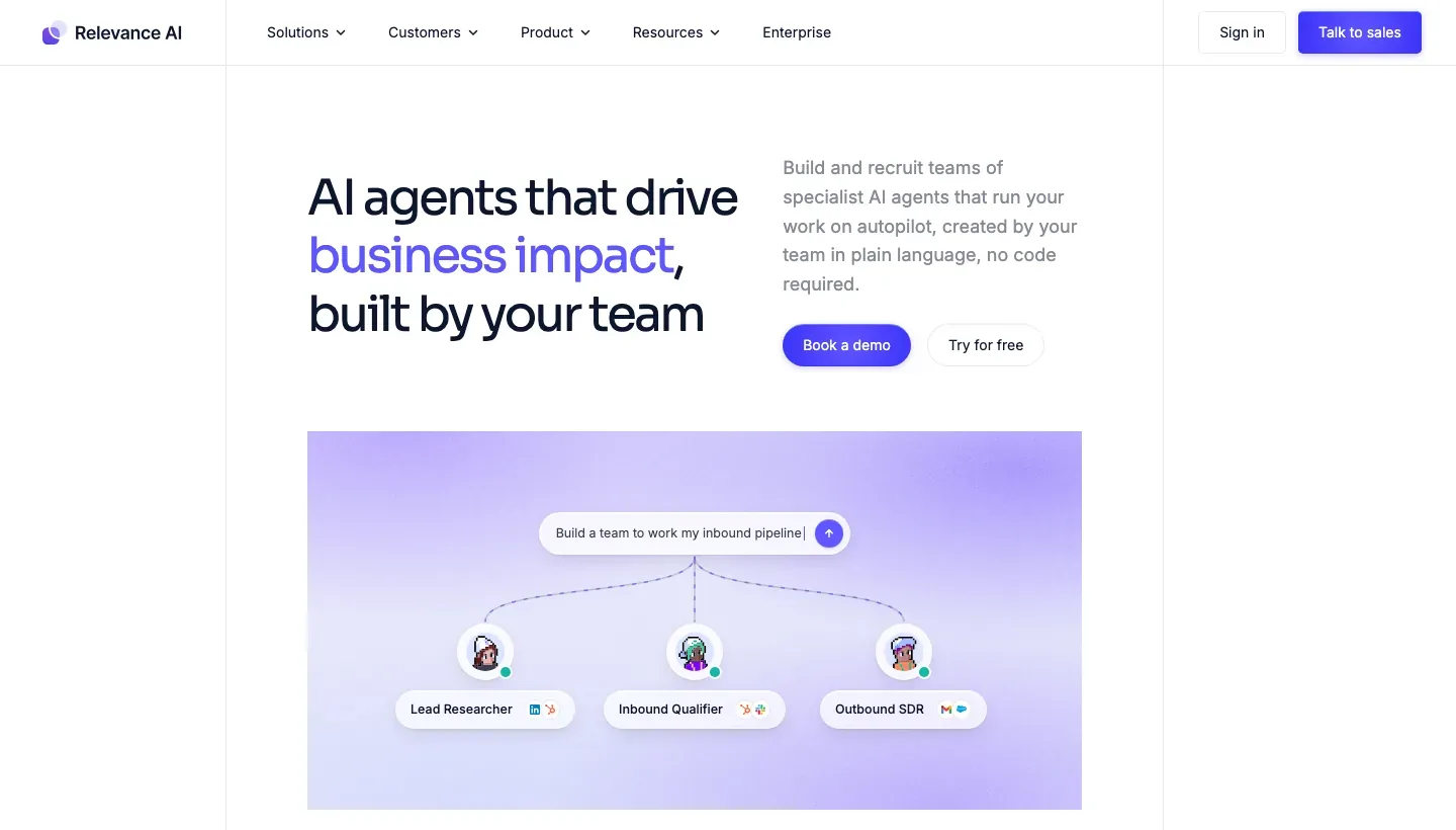 Relevance AI page presenting AI agents that drive business impact, with an illustrated team of three agents on a purple background and demo/trial buttons.