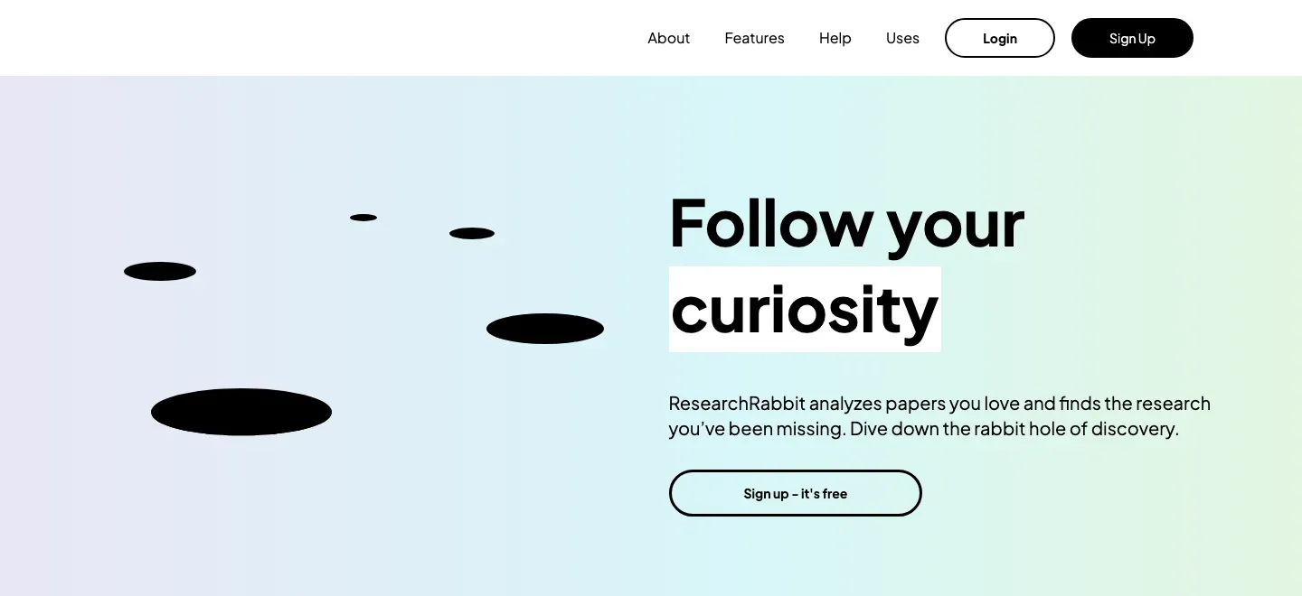 ResearchRabbit homepage with navigation, a “Follow your curiosity” headline and an abstract graphic.