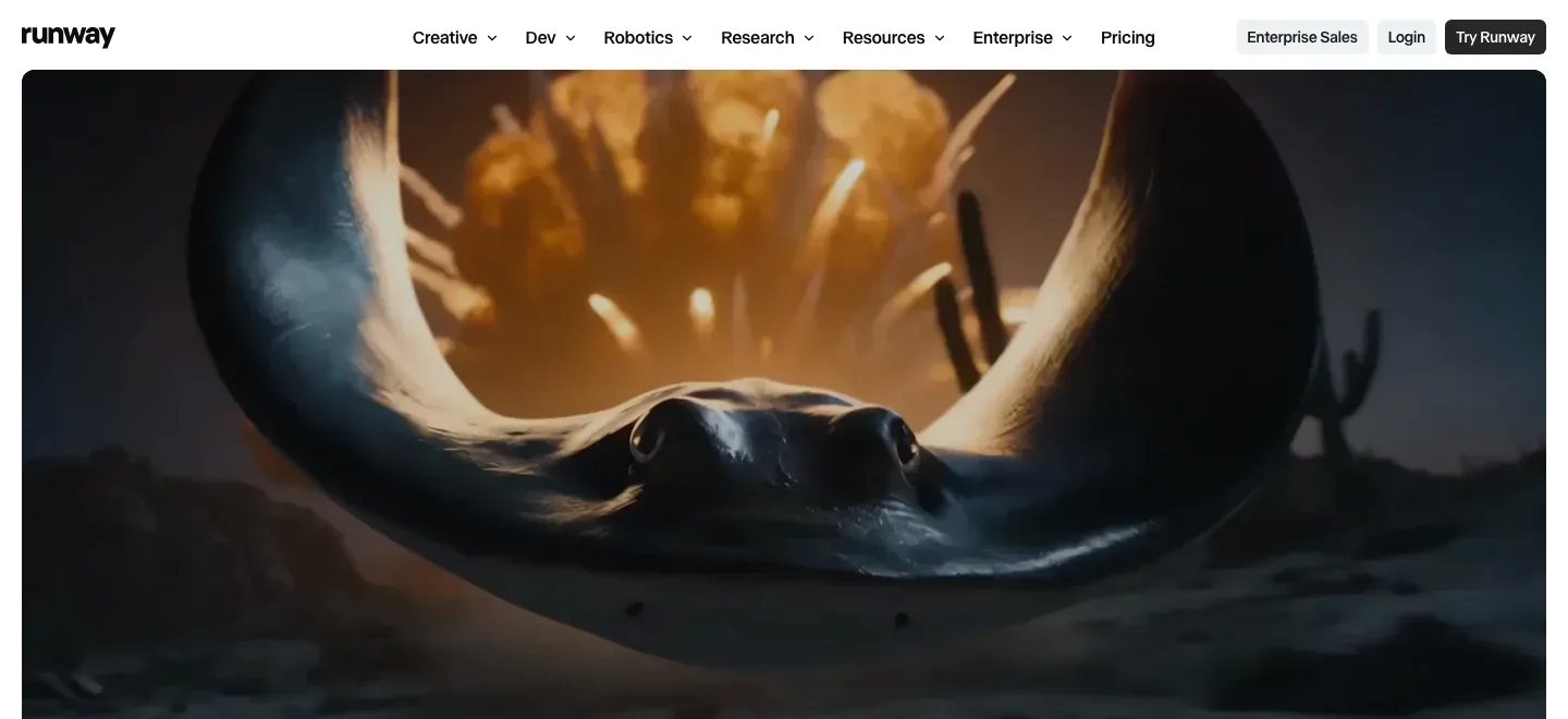 Runway homepage with its navigation above a full-width cinematic video still of a manta ray-like creature beneath an orange glow.