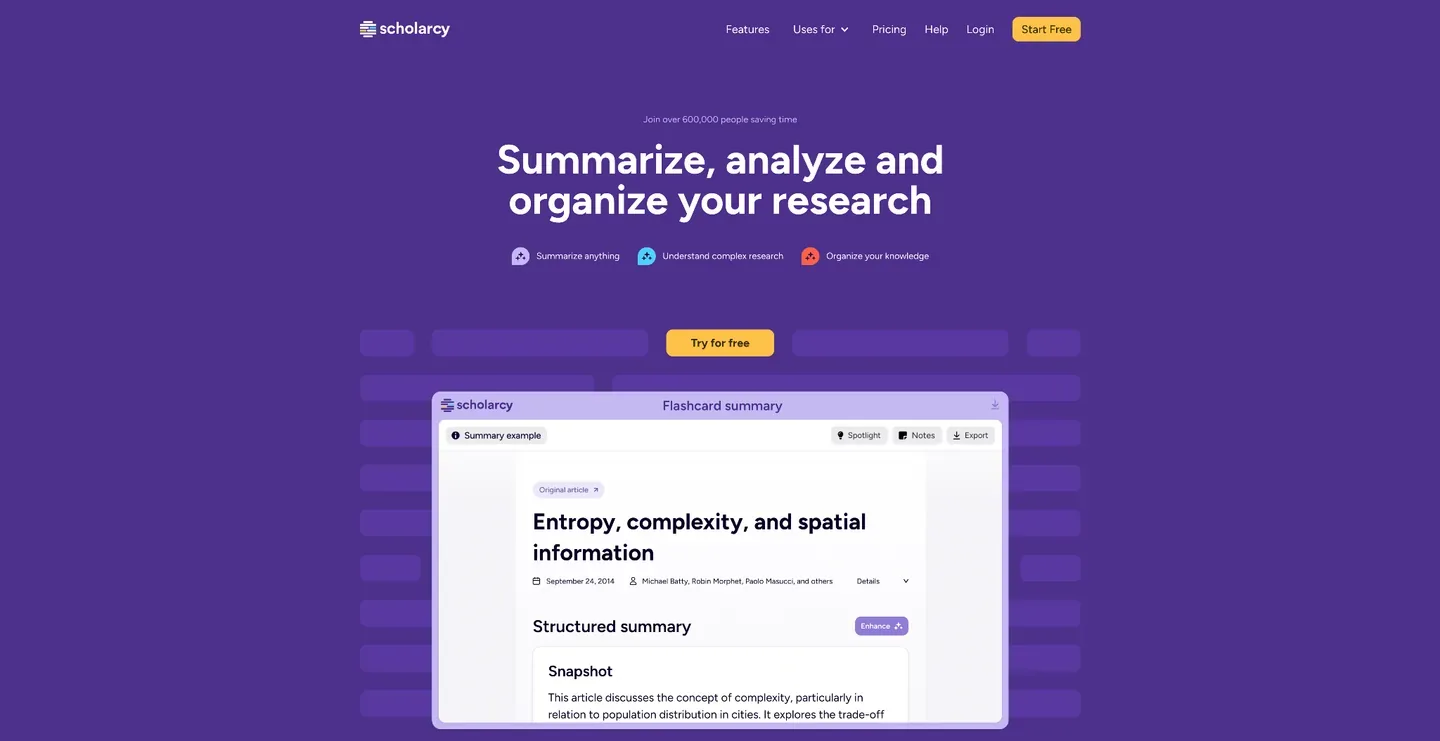 Scholarcy homepage with a purple research-summary hero, “Summarize, analyze and organize your research” headline, and a flashcard summary preview.