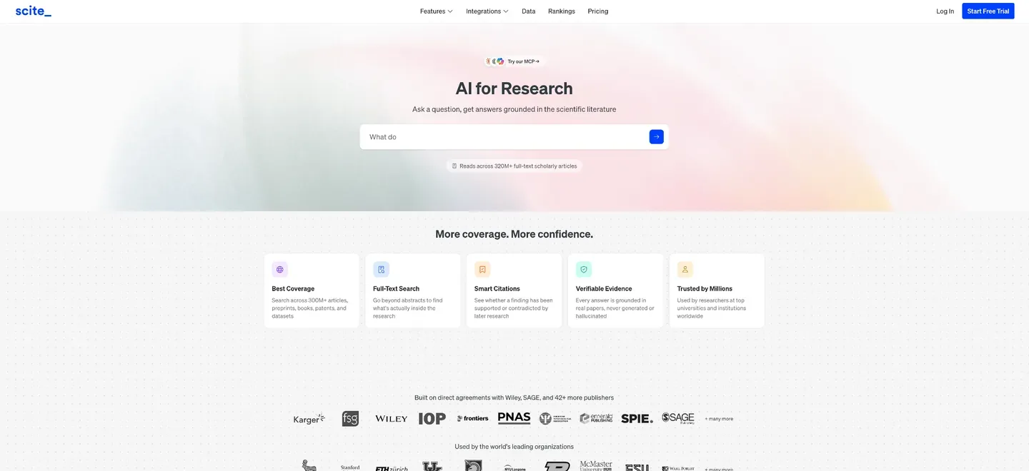 Scite homepage with an “AI for Research” headline, a question field and scholarly article coverage note, followed by cards for literature coverage, full-text search, citations, and evidence.