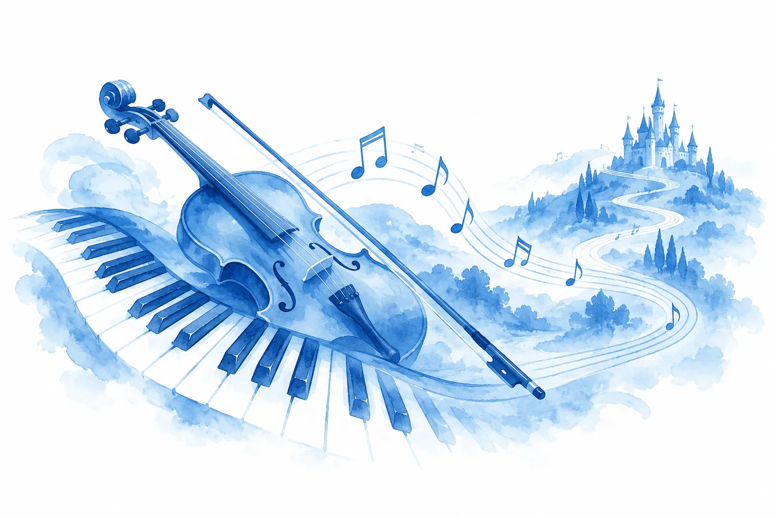 Blue watercolor of a violin and piano, with a melody winding toward a castle.