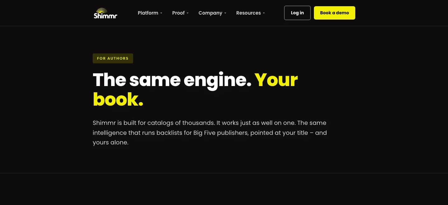 Shimmr for authors page with the headline “The same engine. Your book.” and marketing copy.