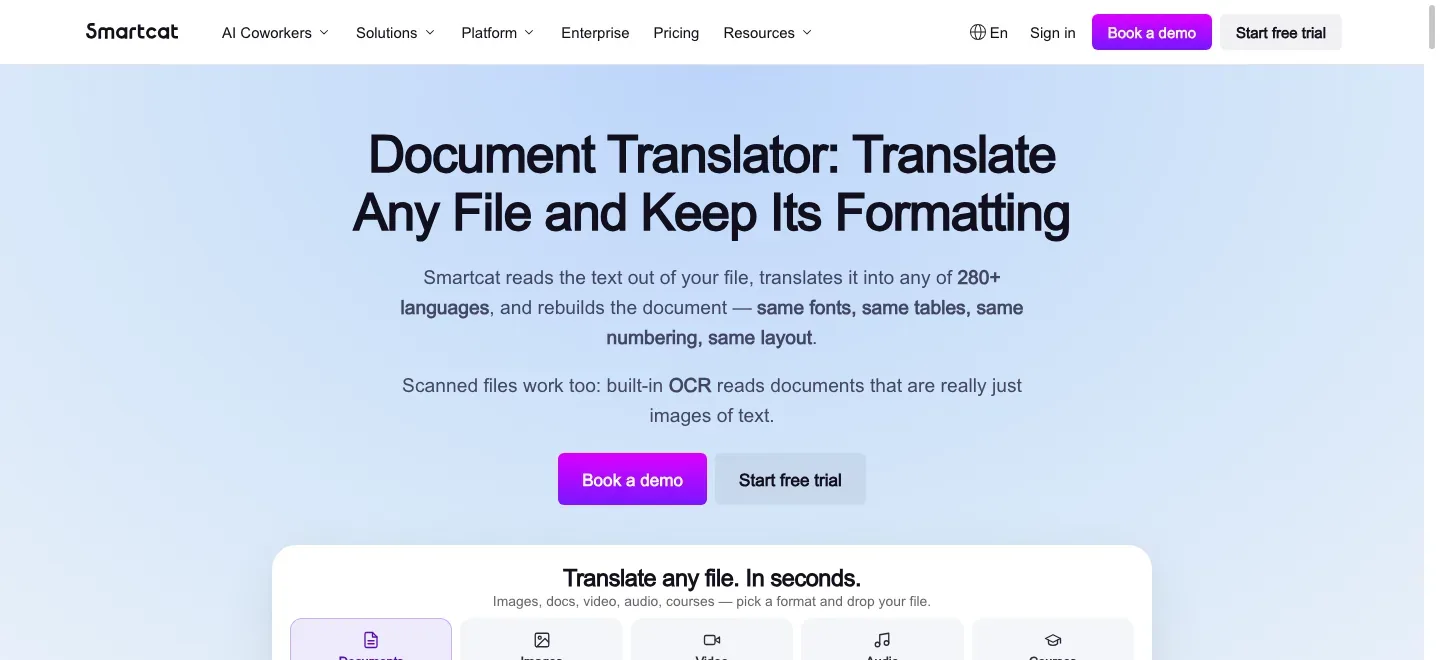 Smartcat document-translator page with navigation, a large document-translation headline, supporting text and action buttons, and the upper portion of its file translation form.