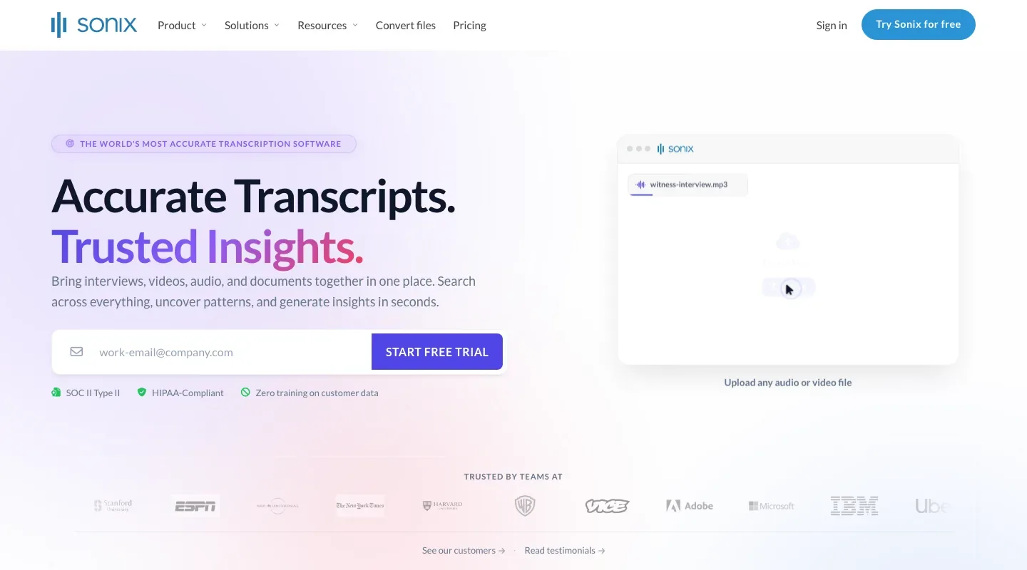 Sonix homepage with a transcript and insights headline, a free-trial form, an upload preview and customer logos.