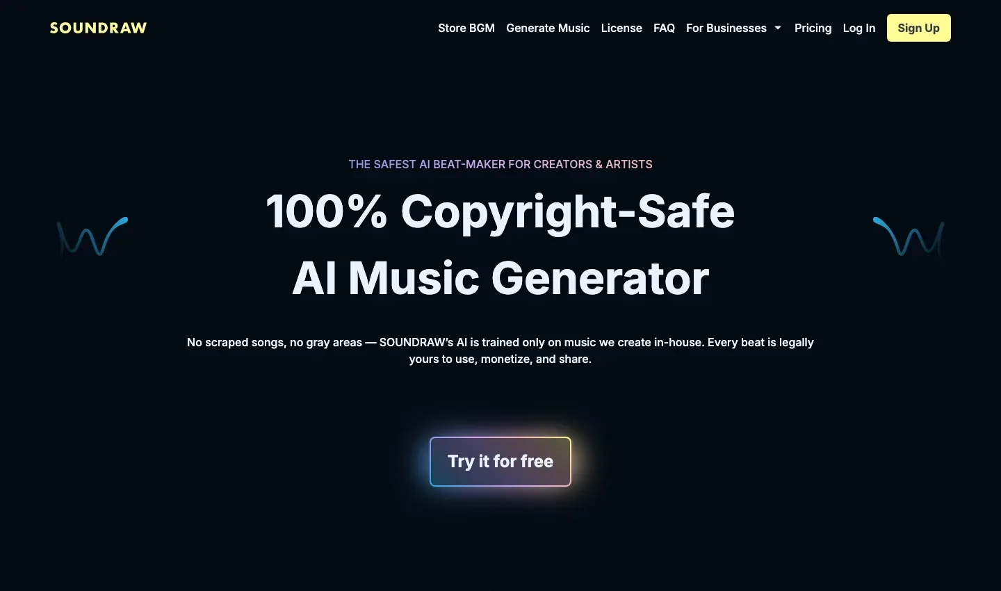 SOUNDRAW homepage with a copyright-safe AI music headline, a free-trial button and waveform graphics.