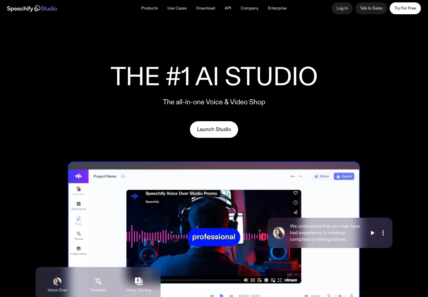Speechify Studio homepage with an AI studio headline, a studio launch button, and a voice-over editor preview.