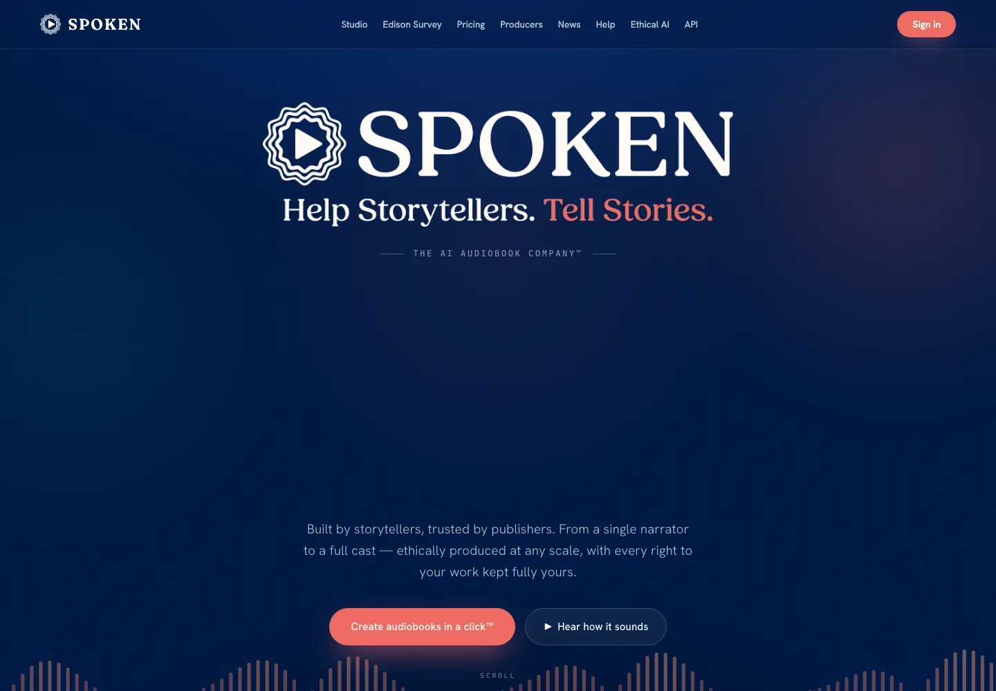 Spoken homepage with the Spoken audiobook company branding, a storytelling headline, and audiobook creation calls to action.