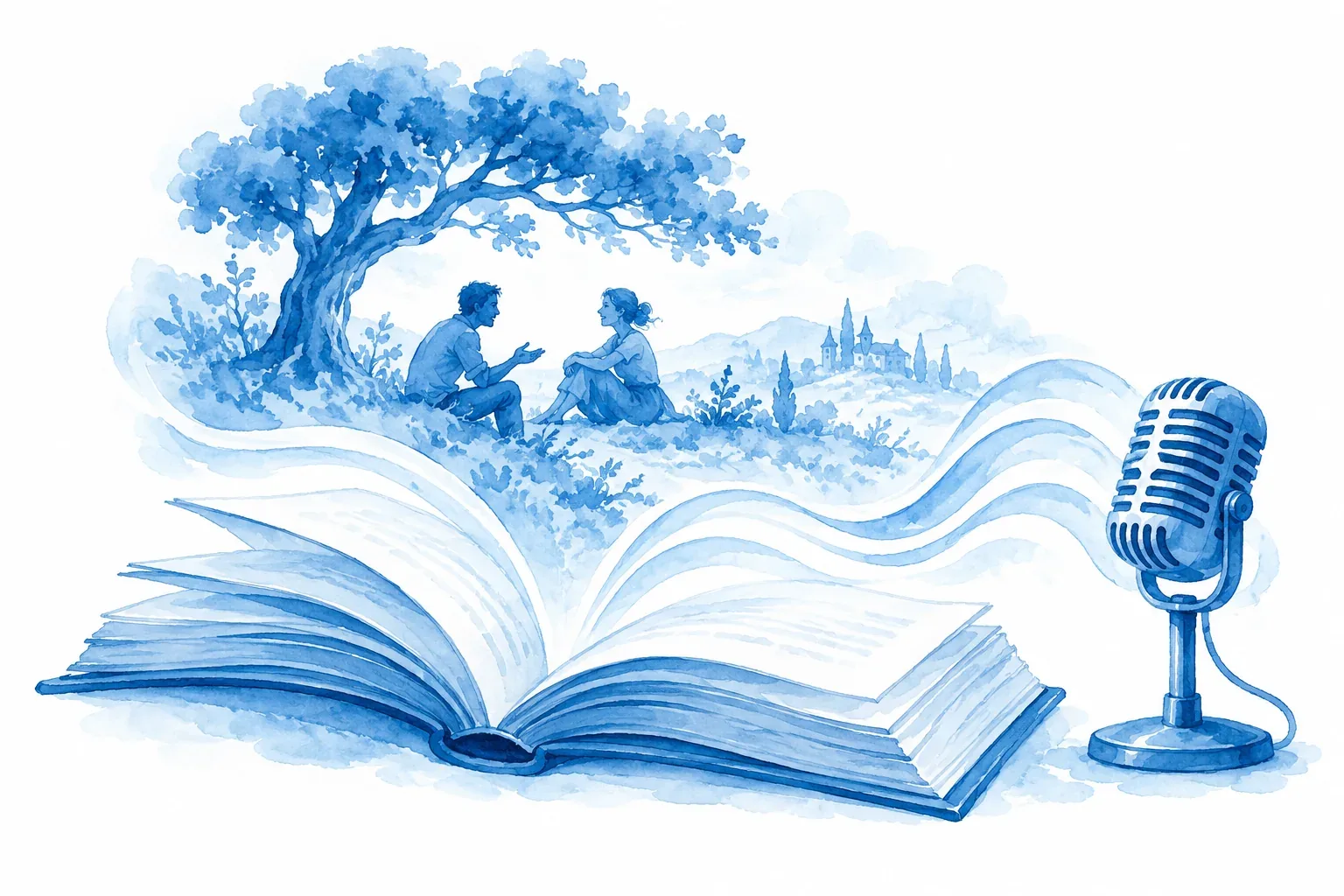 Blue watercolor of an open book becoming a scene with two characters, beside a microphone.