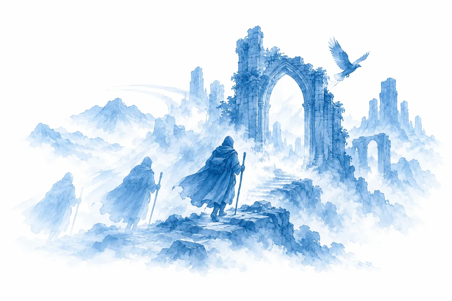 Blue watercolor of a traveler approaching a ruined gate, with translucent impressions suggesting movement.