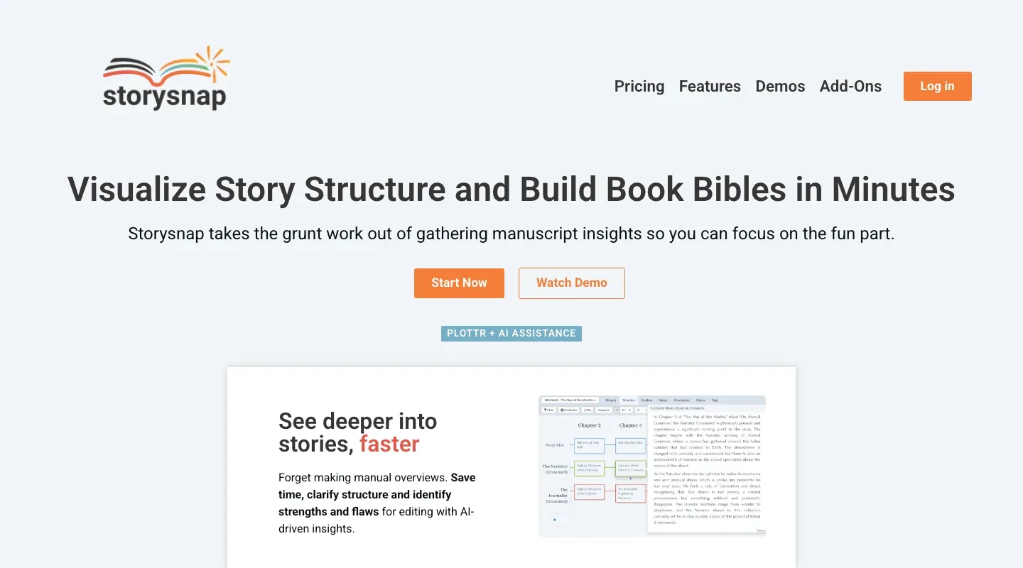 Storysnap homepage with “Visualize Story Structure and Build Book Bibles in Minutes,” Start Now and Watch Demo buttons, and a preview of its story-analysis interface.