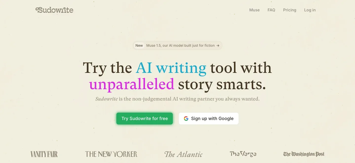 Sudowrite’s public homepage, showing its fiction-writing message, Muse 1.5 announcement, and free signup buttons.