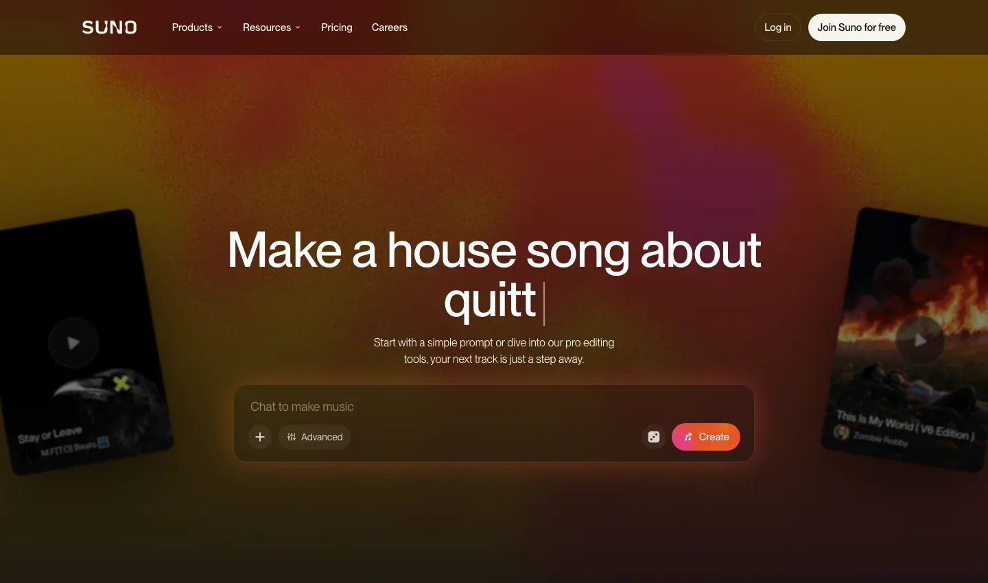 Suno homepage with a music-generation prompt composer over a warm abstract background and sample track cards.