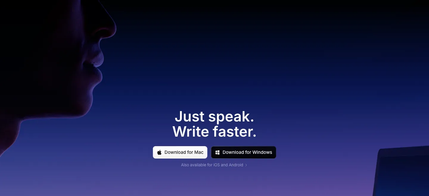 Superwhisper homepage with a “Just speak. Write faster.” headline and Mac and Windows download buttons.