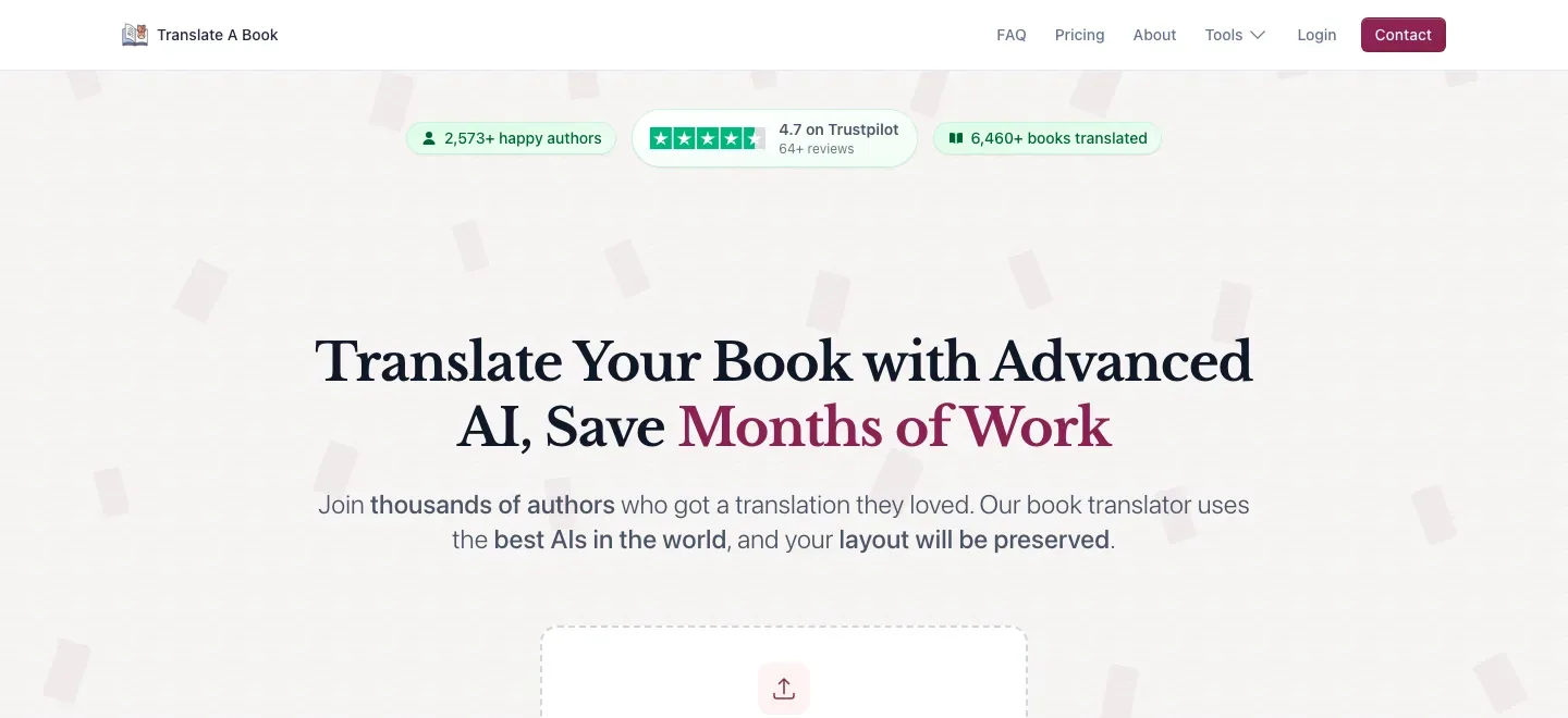 Translate A Book homepage with navigation, author and book counters, a large book-translation headline, supporting copy, and the top of a document upload panel.
