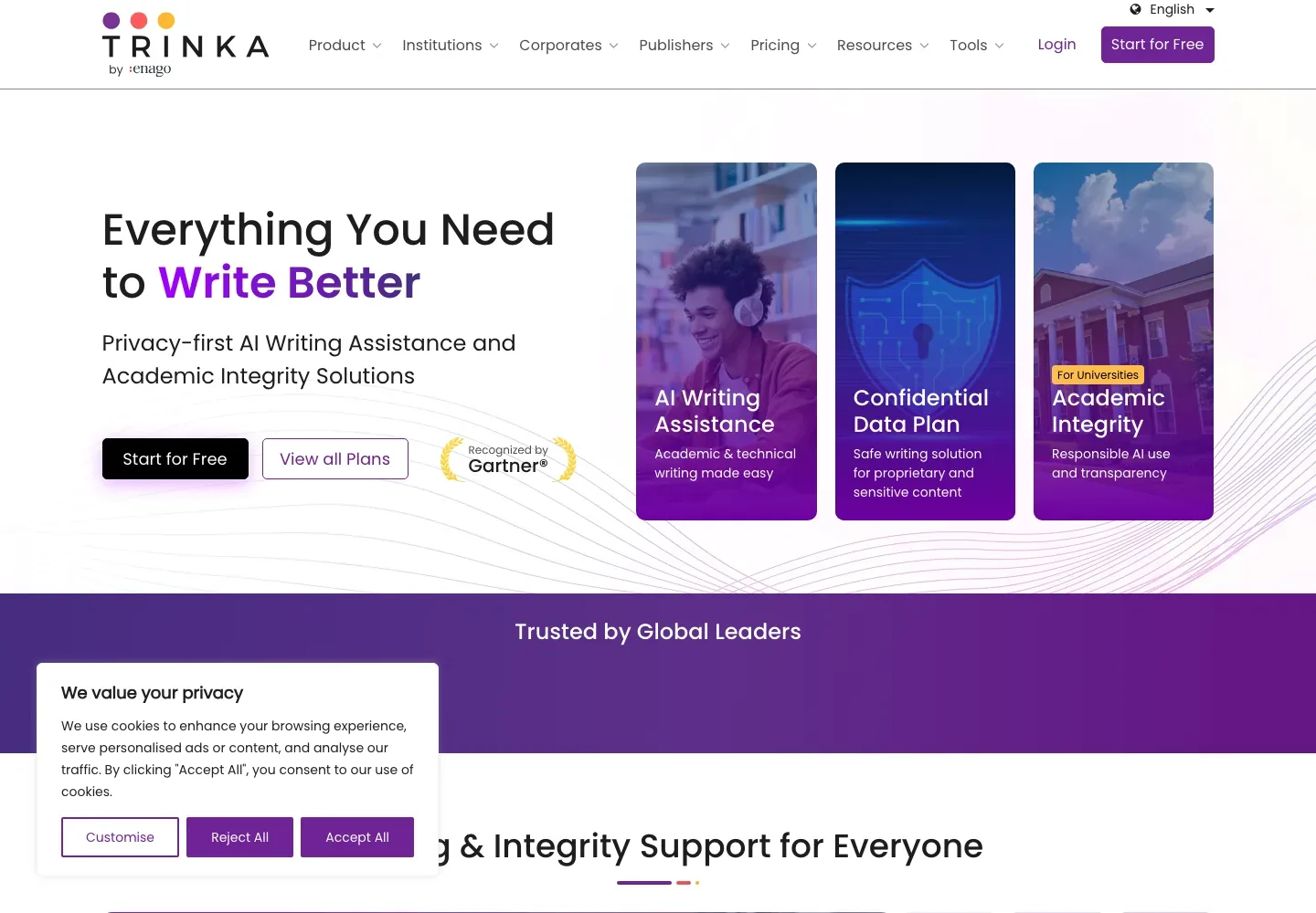 Trinka homepage with “Everything You Need to Write Better,” three cards for writing assistance, confidential data, and academic integrity; a cookie-choice panel remains visible at lower left.