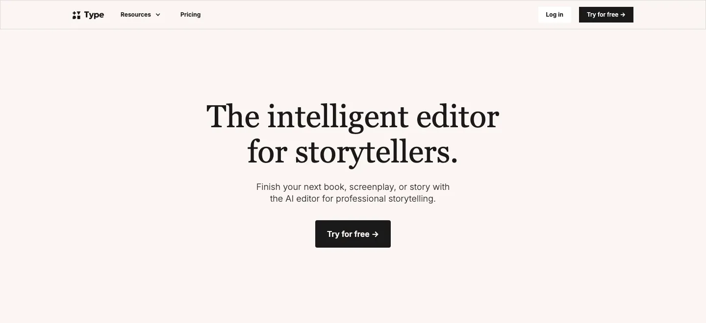 Type.ai homepage with a visible Type logo, intelligent editor for storytellers headline, trial button and preview photo below.